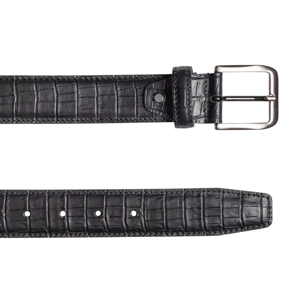 RB4024A | Men's Belt Made in Italy in Genuine Full-Grain Crocodile-Embossed Leather. Satin Gunmetal Buckle. Black. Dimensions: 125 x 3.5 x 0.5 cm (waistline 110 cm).