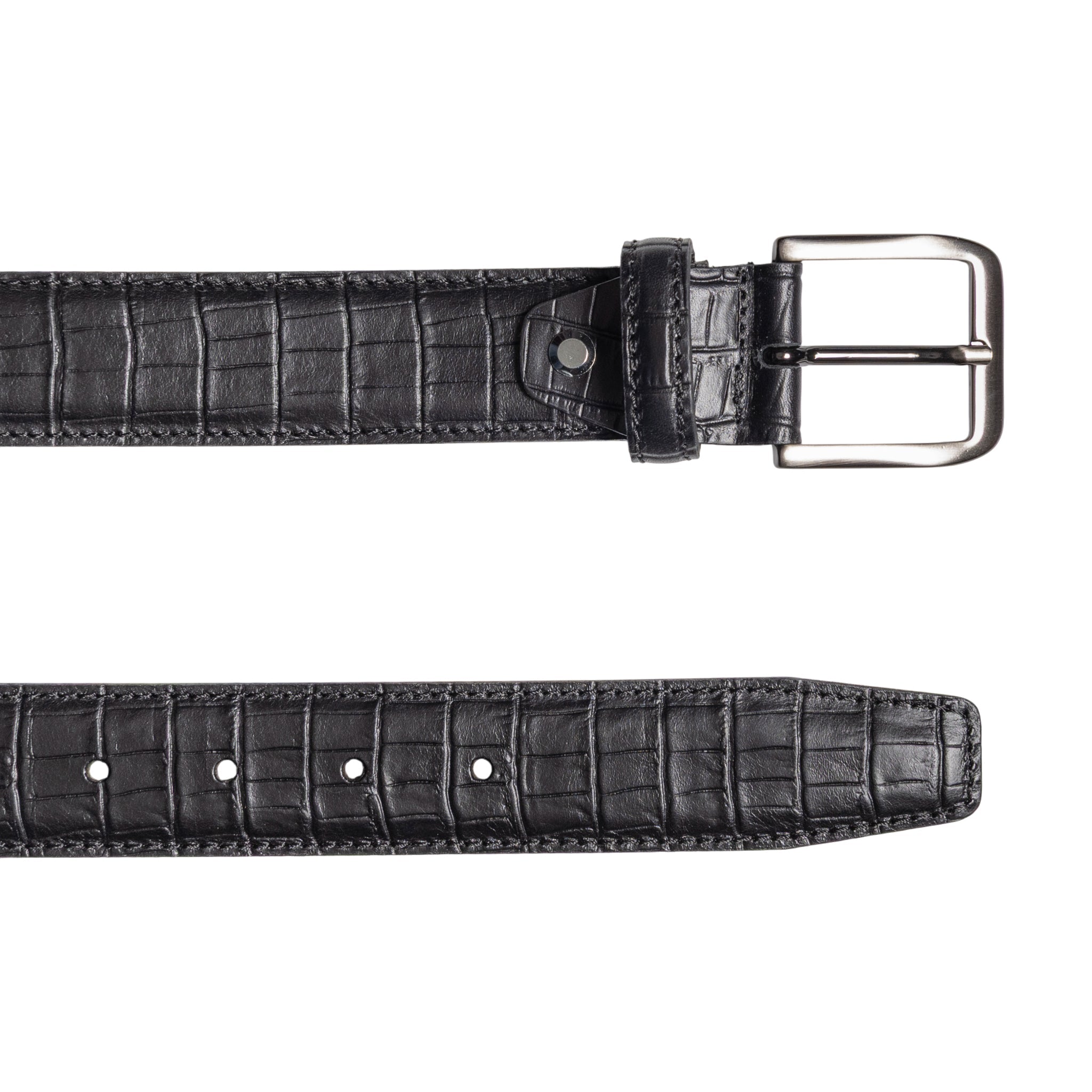 RB4024A | Men's Belt Made in Italy in Genuine Full-Grain Crocodile-Embossed Leather. Satin Gunmetal Buckle. Black. Dimensions: 125 x 3.5 x 0.5 cm (waistline 110 cm).