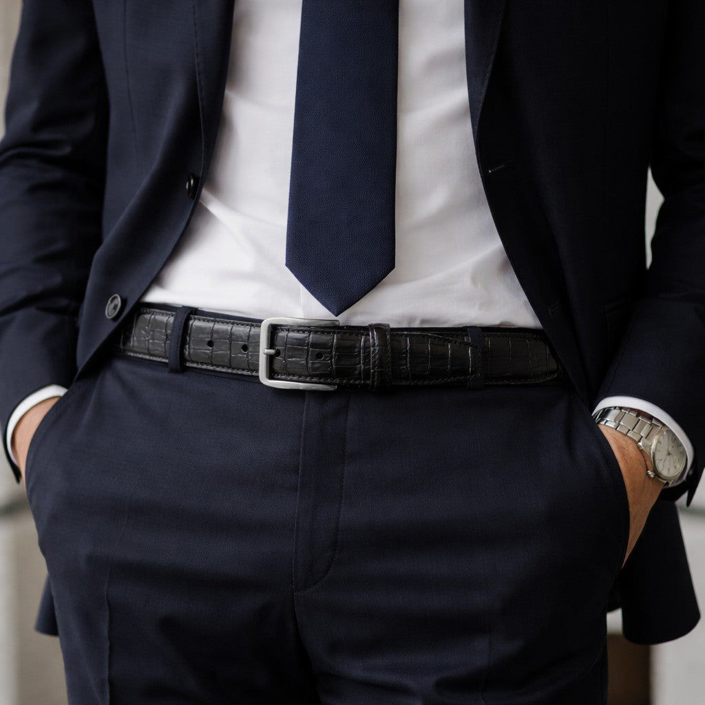 RB4024A | Men's Belt Made in Italy in Genuine Full-Grain Crocodile-Embossed Leather. Satin Gunmetal Buckle. Black. Dimensions: 125 x 3.5 x 0.5 cm (waistline 110 cm).