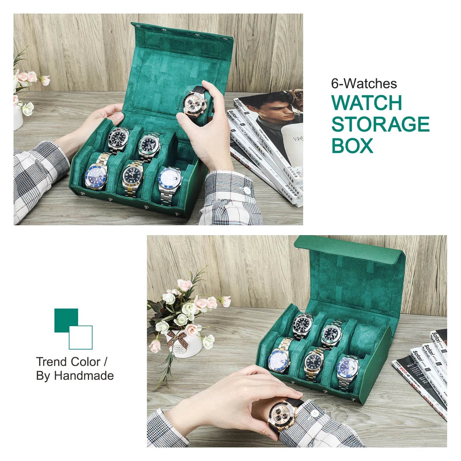 6-Slot Genuine Leather Watch Roll – Hexagon Watch Storage & Travel Display Case