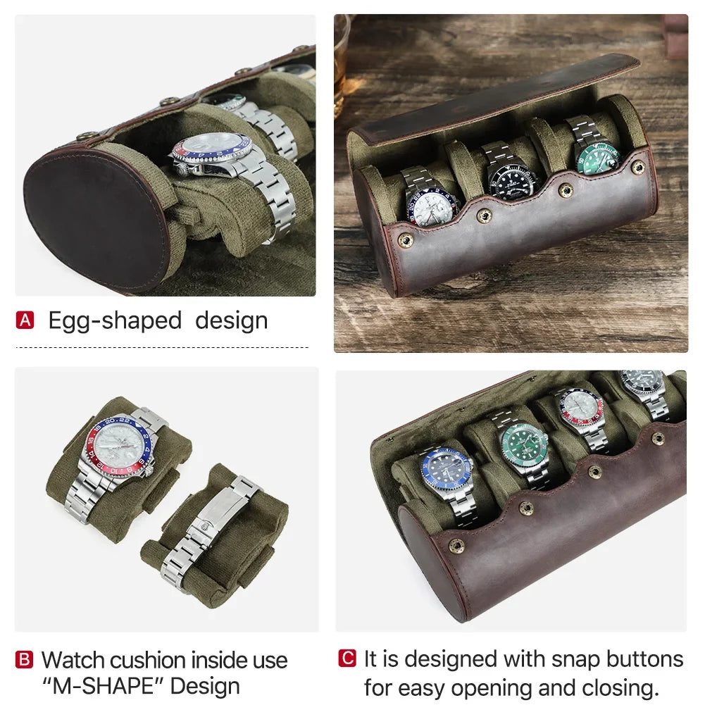 Vintage Genuine Leather 3-Slot Watch Roll – Portable Watch Travel Storage Case