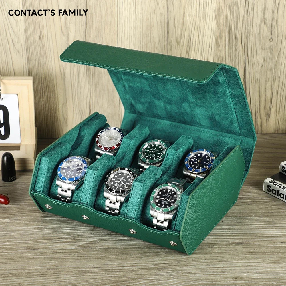 6-Slot Genuine Leather Watch Roll – Hexagon Watch Storage & Travel Display Case
