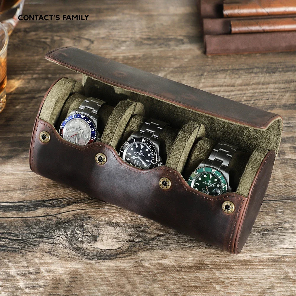 Vintage Genuine Leather 3-Slot Watch Roll – Portable Watch Travel Storage Case