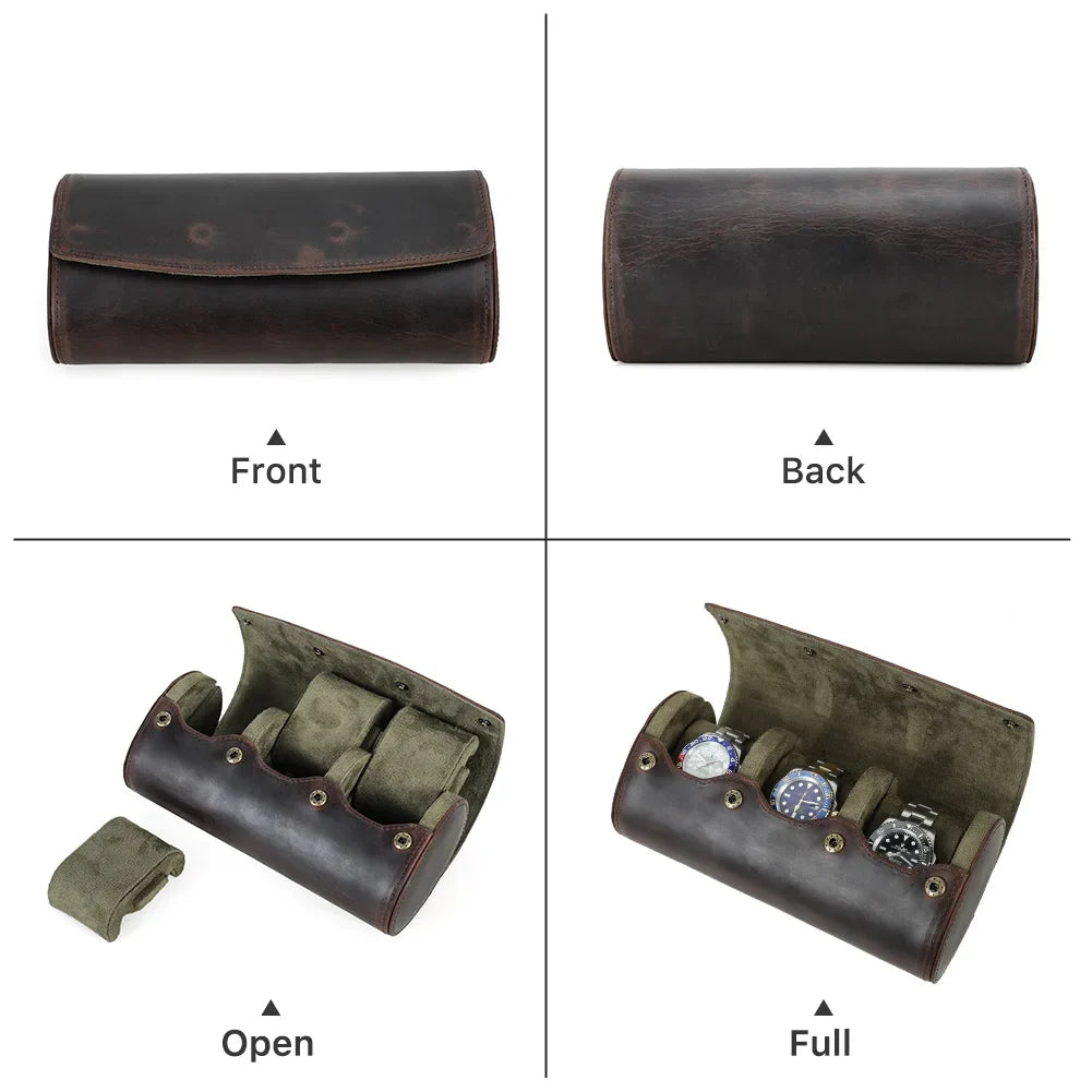 Vintage Genuine Leather 3-Slot Watch Roll – Portable Watch Travel Storage Case