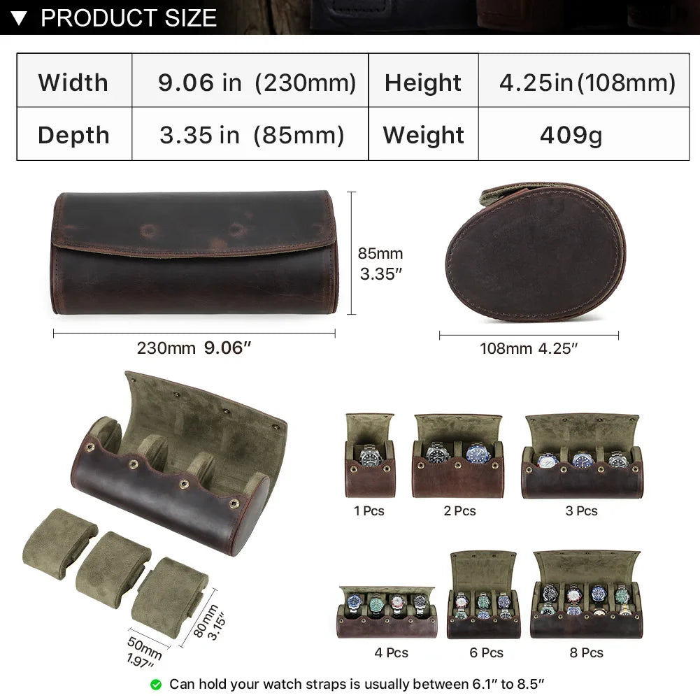 Vintage Genuine Leather 3-Slot Watch Roll – Portable Watch Travel Storage Case