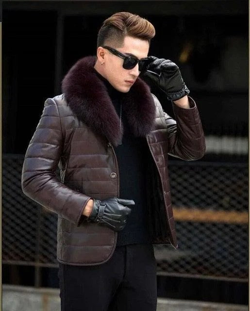 Bran Genuine Leather Jacket Men Real Sheepskin w Down - Red brown, M
