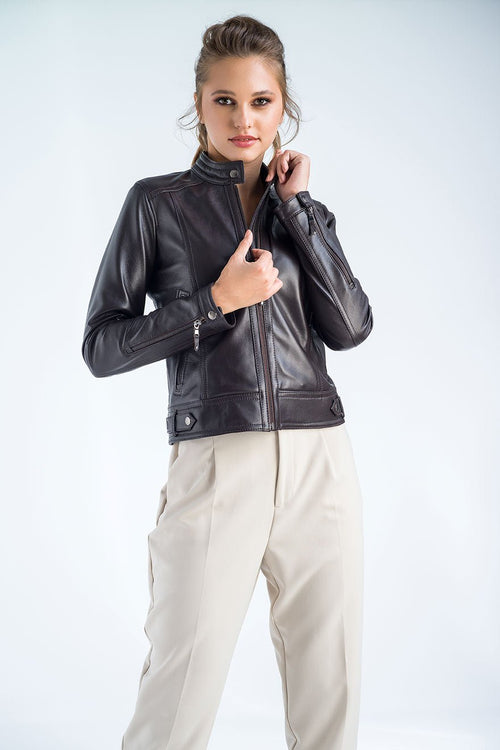 Brown Genuine Cropped Leather Jacket - NaimLeather
