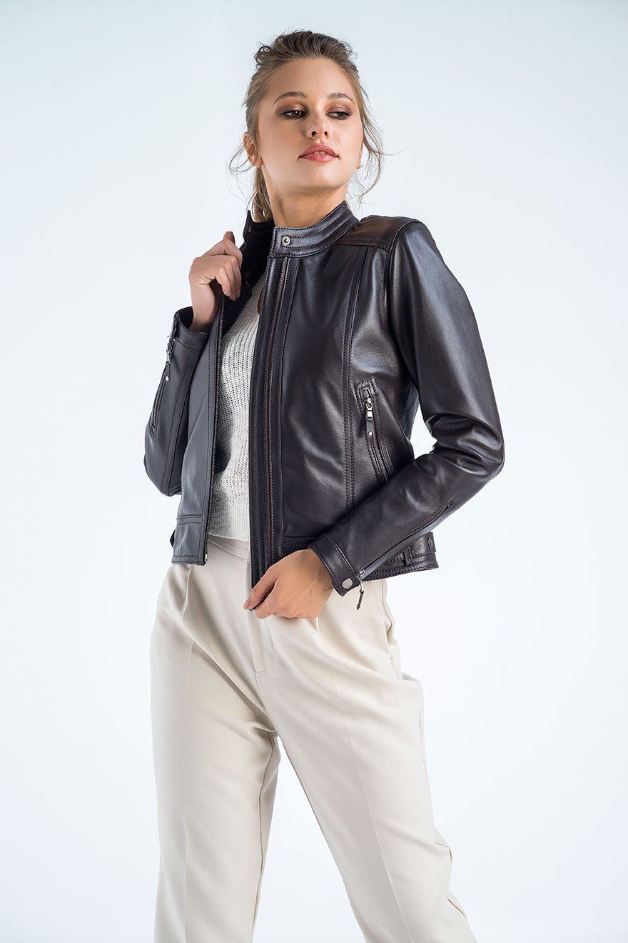 Brown Genuine Cropped Leather Jacket - NaimLeather