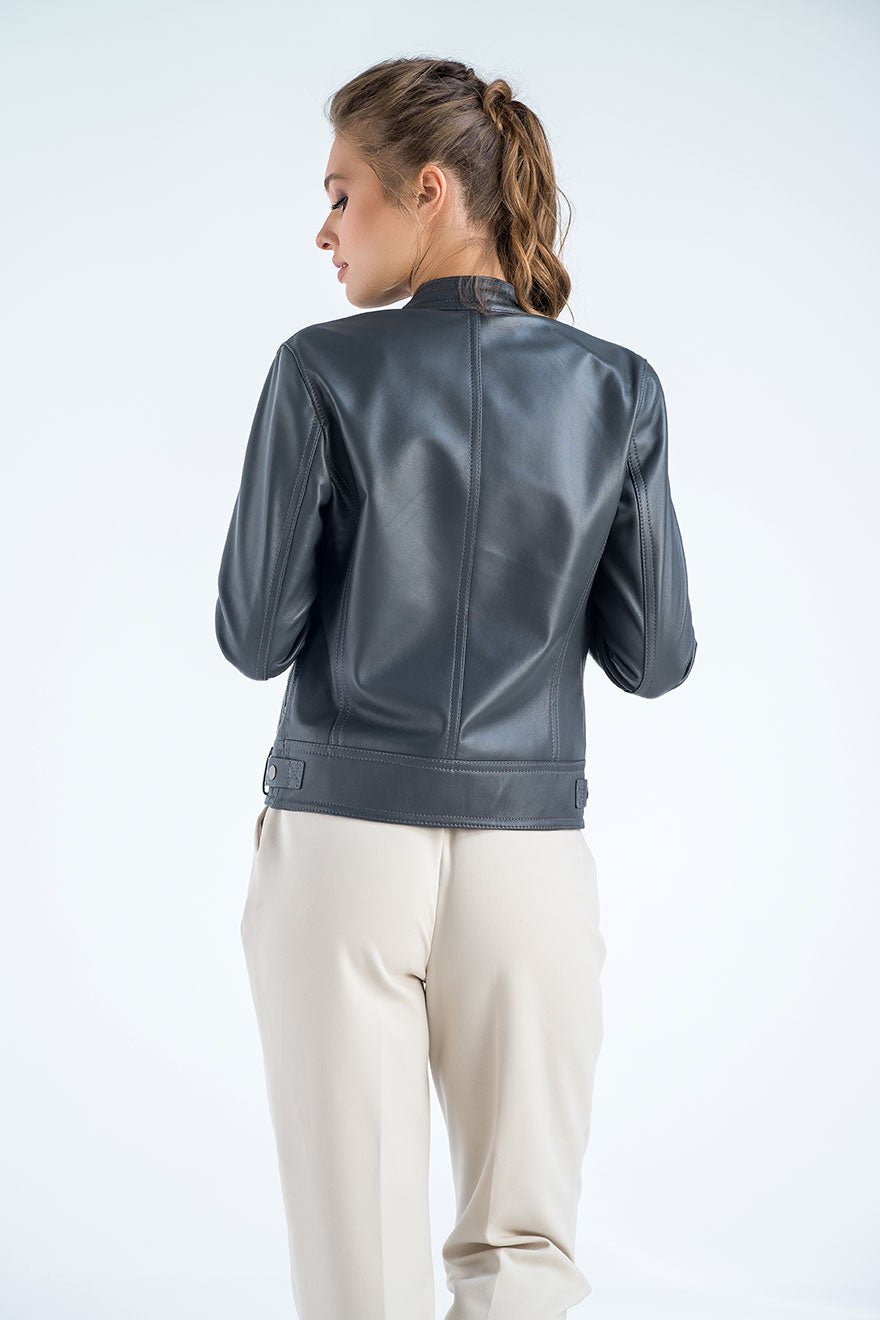 Gray Genuine Cropped Leather Jacket - NaimLeather