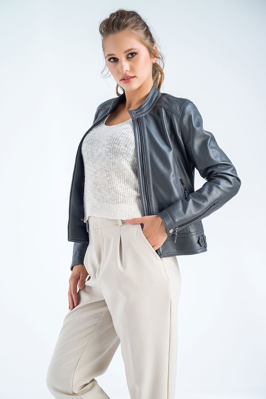 Gray Genuine Cropped Leather Jacket - NaimLeather