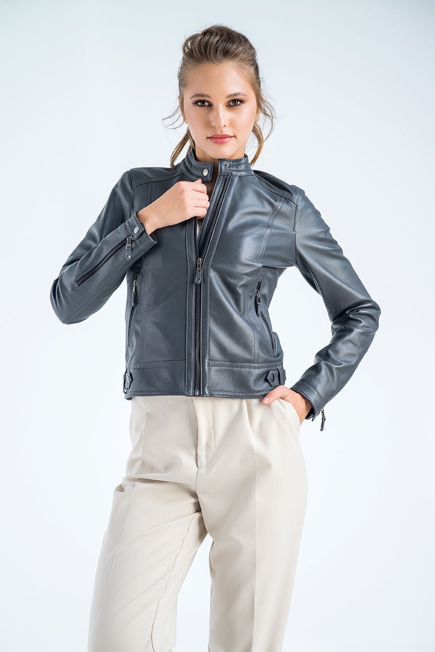 Gray Genuine Cropped Leather Jacket - NaimLeather