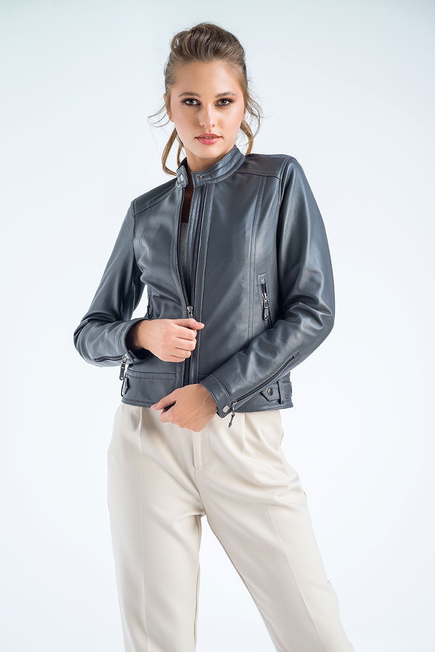 Gray Genuine Cropped Leather Jacket - NaimLeather