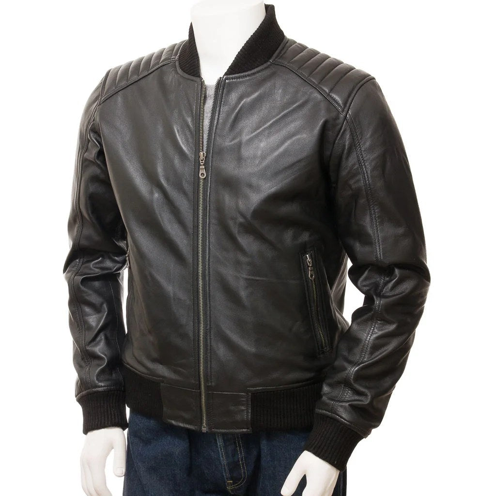 MEN BLACK LEATHER BOMBER JACKET BRANDON - NaimLeather