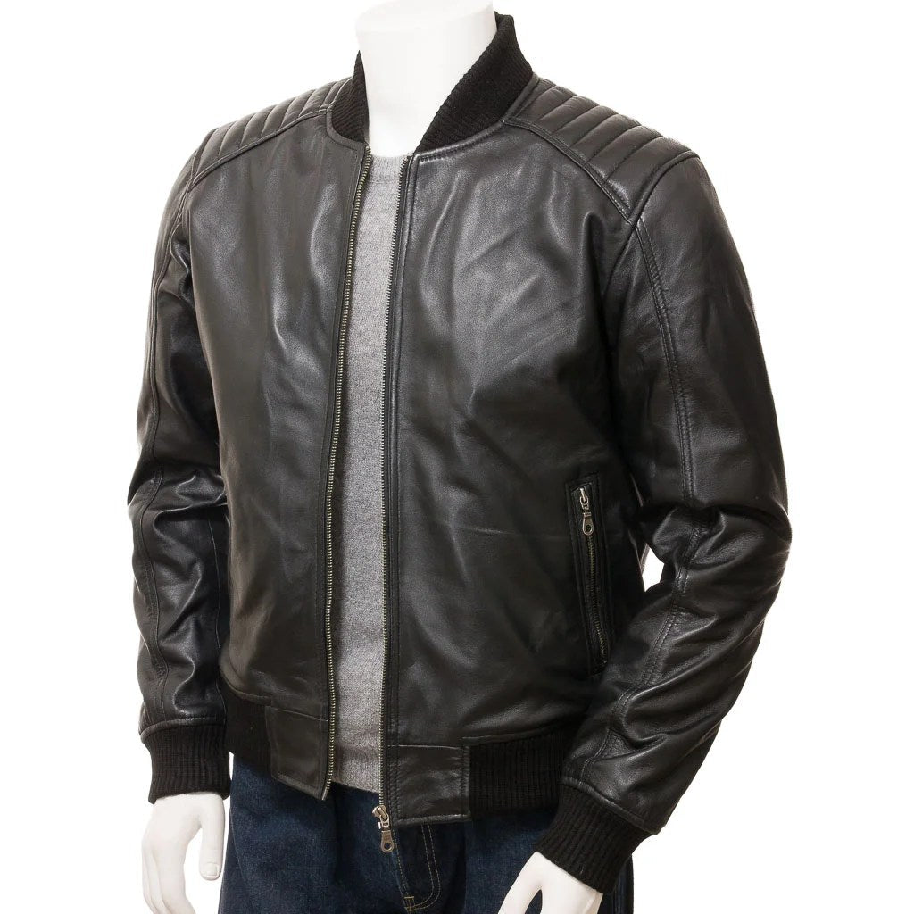 MEN BLACK LEATHER BOMBER JACKET BRANDON - NaimLeather