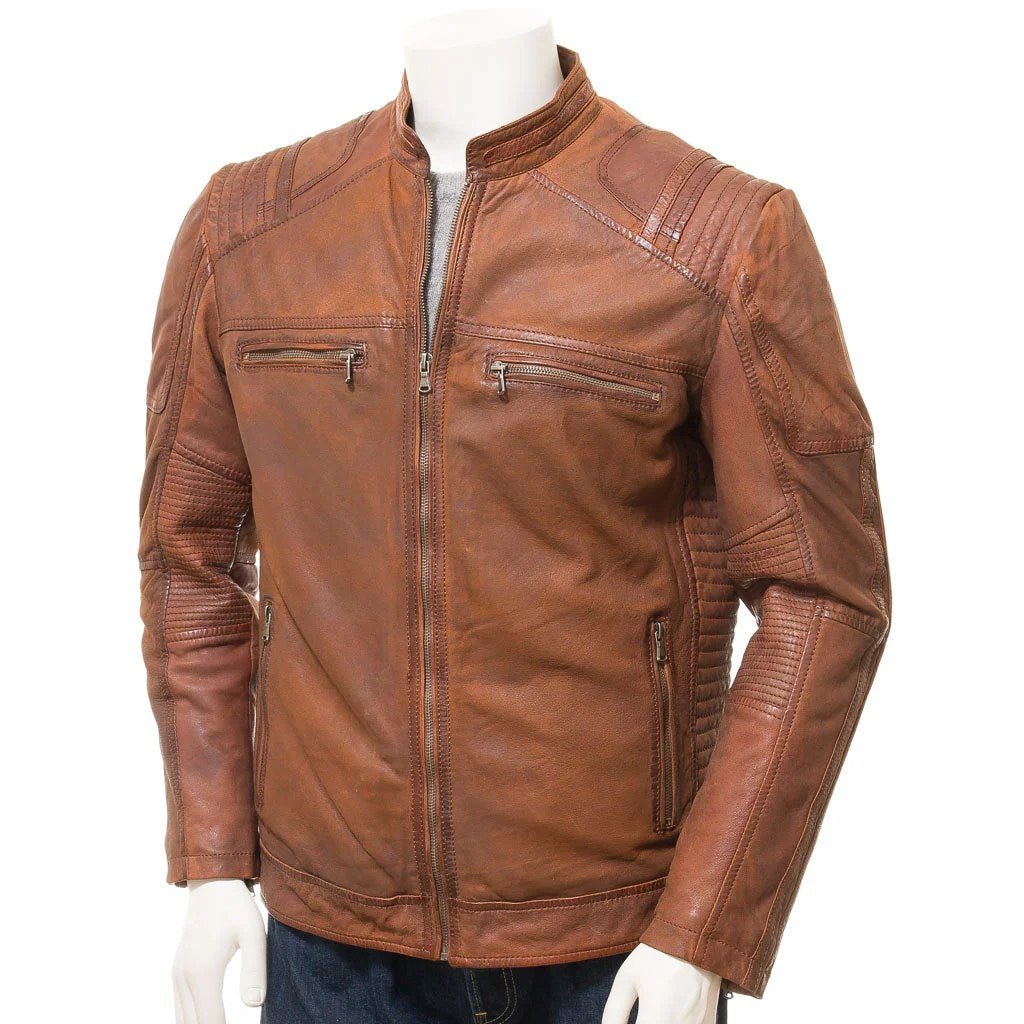 MEN BROWN LEATHER BIKER JACKET ORWELL - NaimLeather