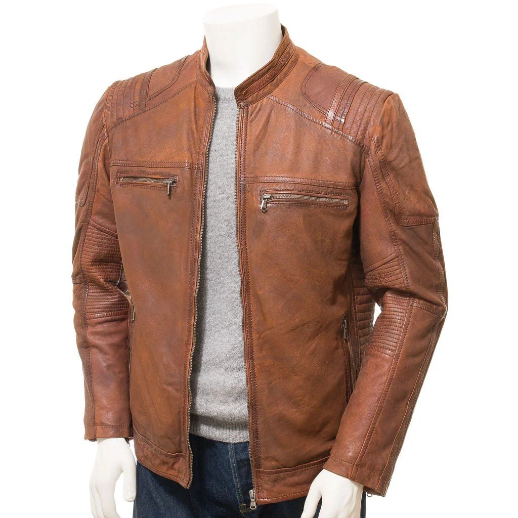 MEN BROWN LEATHER BIKER JACKET ORWELL - NaimLeather