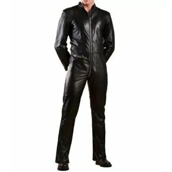 Mens Genuine Black Leather Bodysuit Jumpsuit - NaimLeather