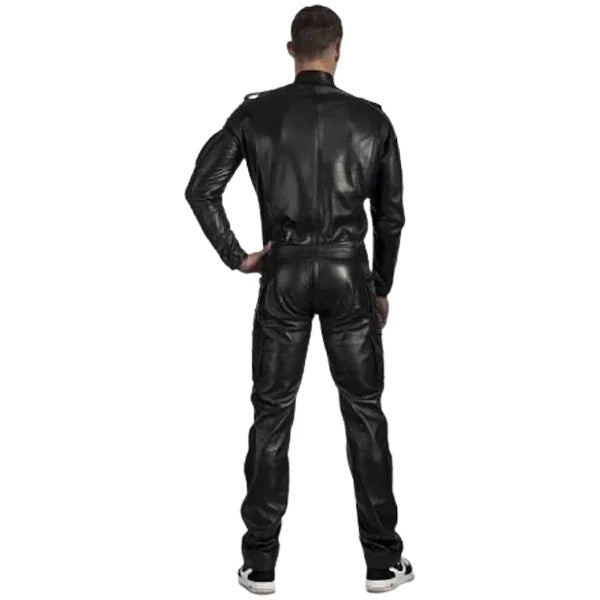 Mens Genuine Pure Black Leather Full Jumpsuit - L