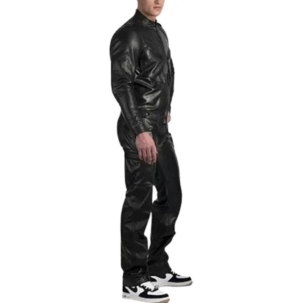 Mens Genuine Pure Black Leather Full Jumpsuit - M