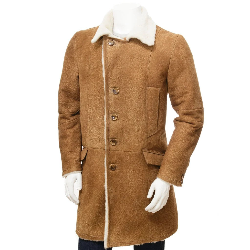 MENS TAN SHEEPSKIN TRENCH COAT GLENVILLE - S