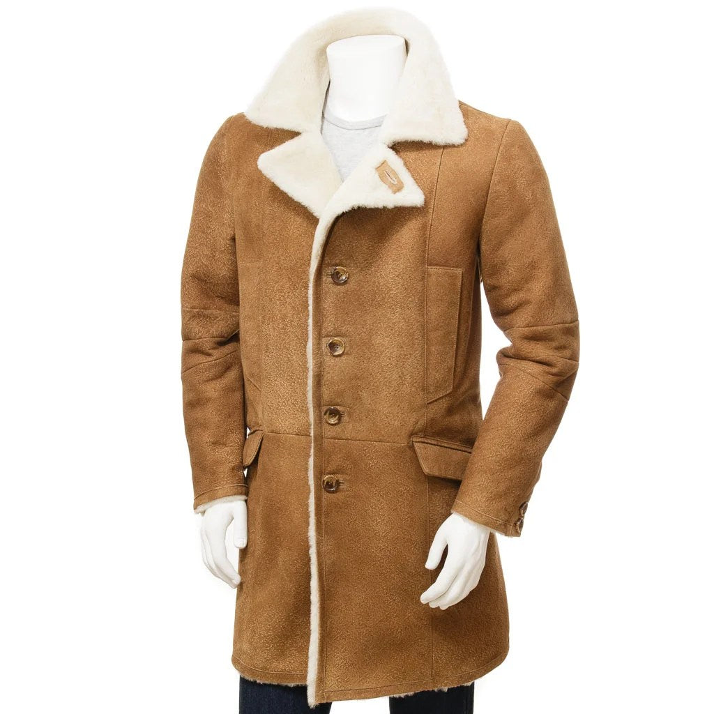 MENS TAN SHEEPSKIN TRENCH COAT GLENVILLE