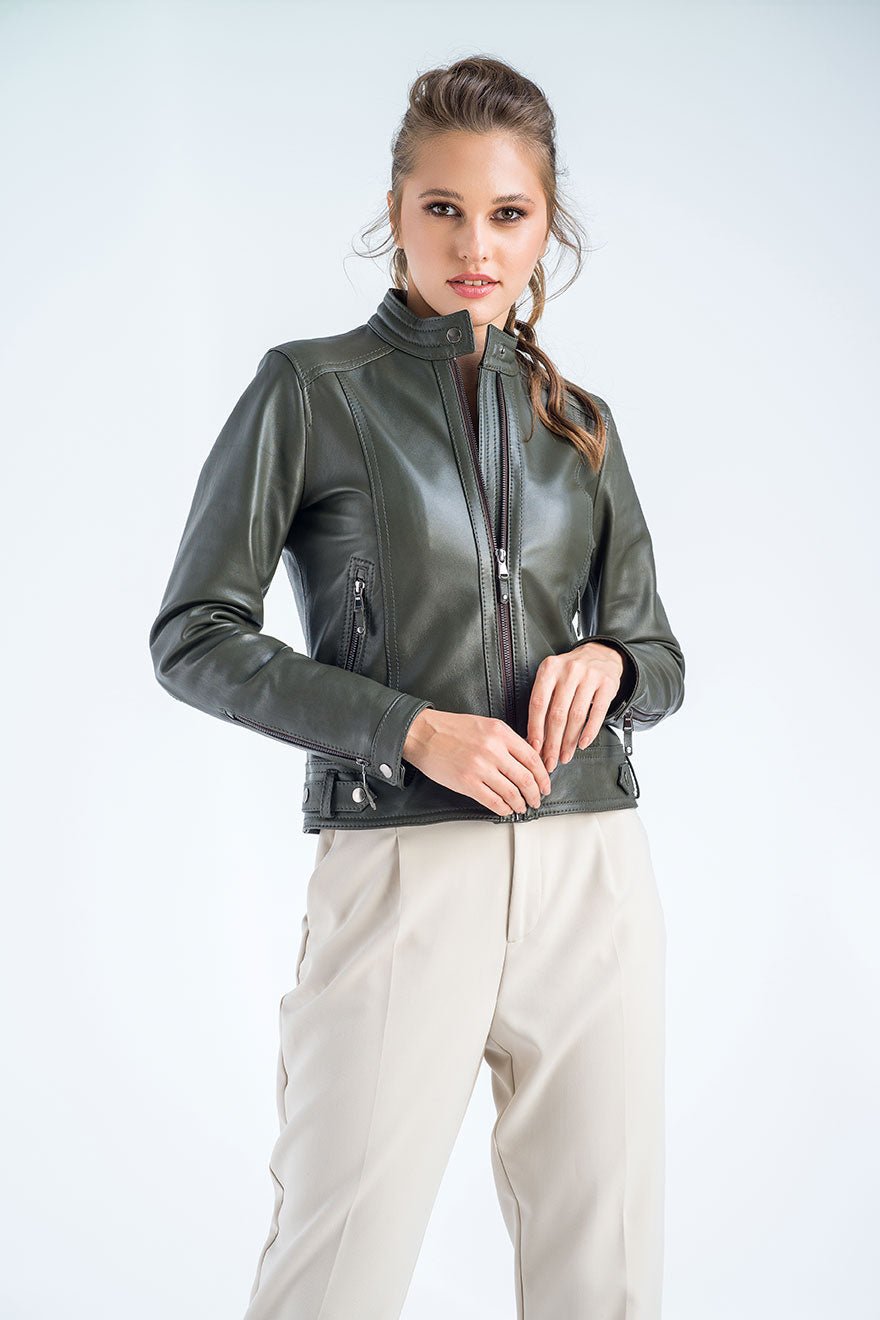 Olive Genuine Cropped Leather Jacket - NaimLeather