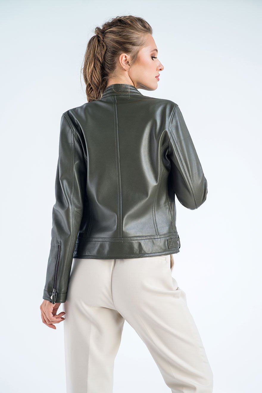 Olive Genuine Cropped Leather Jacket - NaimLeather