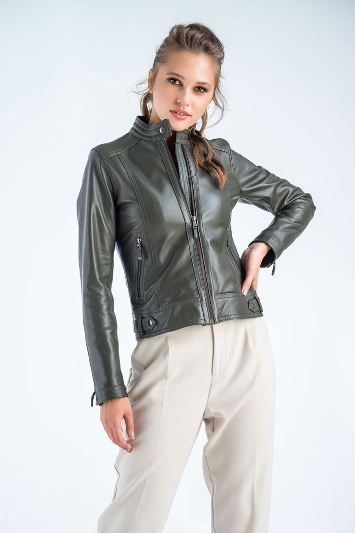 Olive Genuine Cropped Leather Jacket - NaimLeather