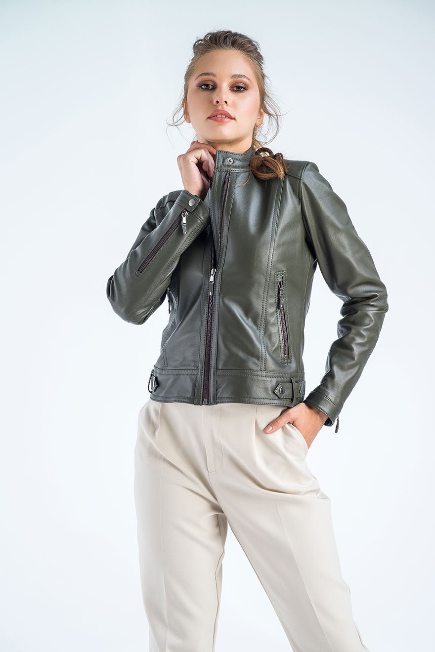 Olive Genuine Cropped Leather Jacket - NaimLeather