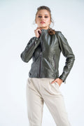 Olive Genuine Cropped Leather Jacket - NaimLeather
