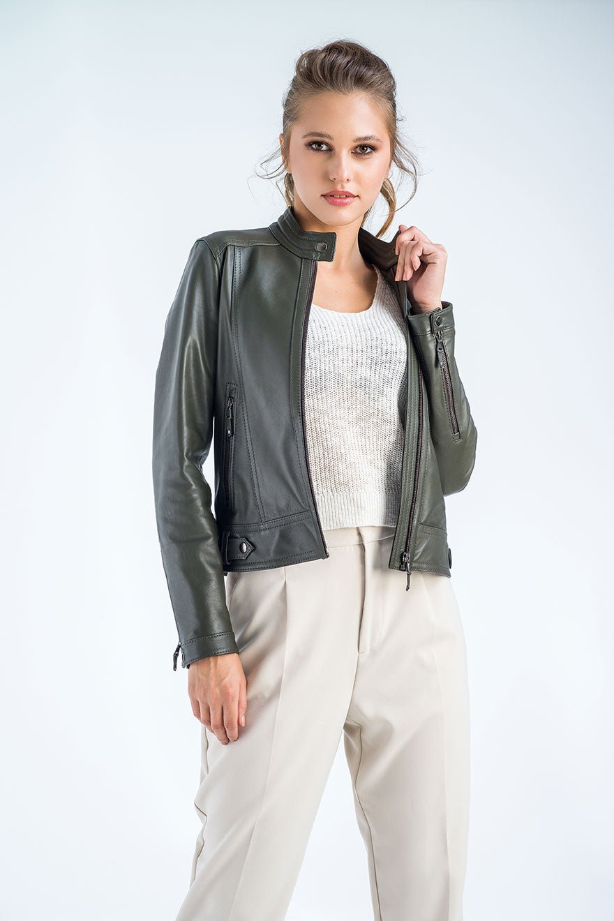 Olive Genuine Cropped Leather Jacket - NaimLeather