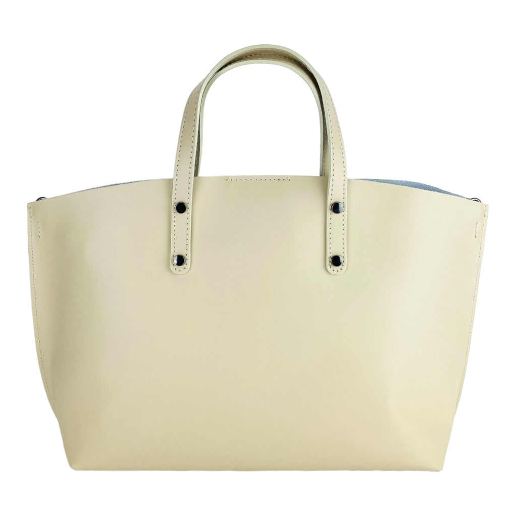 RB1024AL | Women's Hand Bag in Genuine Leather Made in Italy with removable shoulder strap. Large removable internal bag. Polished Gunmetal Accessories - Beige color - Dimensions: cm 48x31x11 - NaimLeather