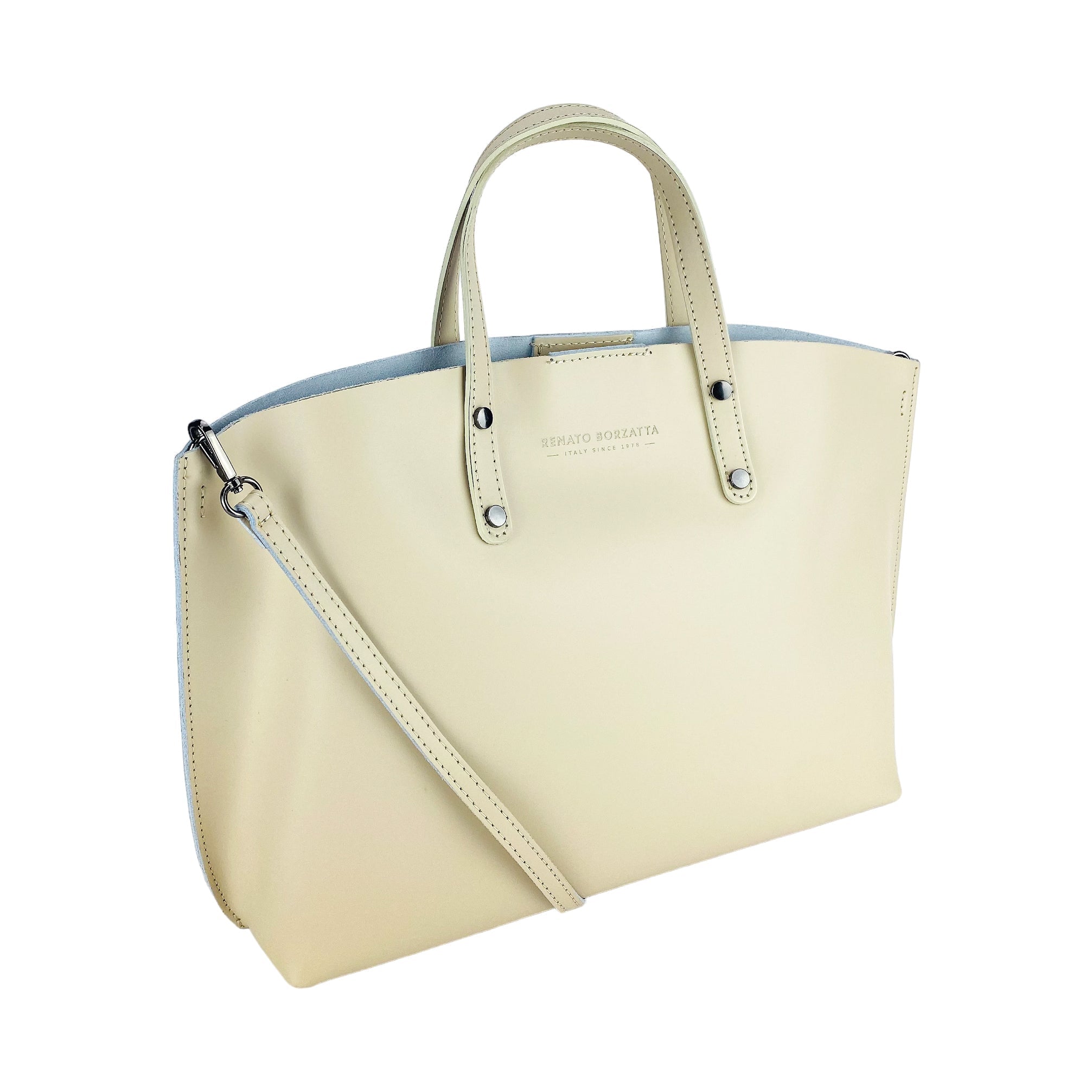 RB1024AL | Women's Hand Bag in Genuine Leather Made in Italy with removable shoulder strap. Large removable internal bag. Polished Gunmetal Accessories - Beige color - Dimensions: cm 48x31x11 - NaimLeather