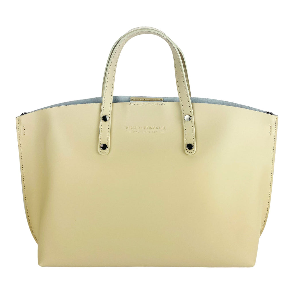 RB1024AL | Women's Hand Bag in Genuine Leather Made in Italy with removable shoulder strap. Large removable internal bag. Polished Gunmetal Accessories - Beige color - Dimensions: cm 48x31x11 - NaimLeather