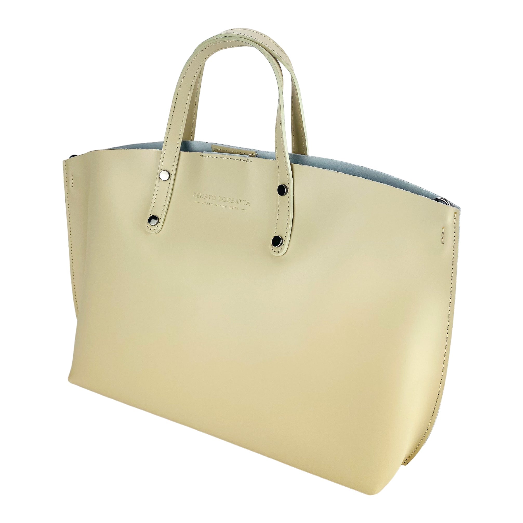 RB1024AL | Women's Hand Bag in Genuine Leather Made in Italy with removable shoulder strap. Large removable internal bag. Polished Gunmetal Accessories - Beige color - Dimensions: cm 48x31x11 - NaimLeather