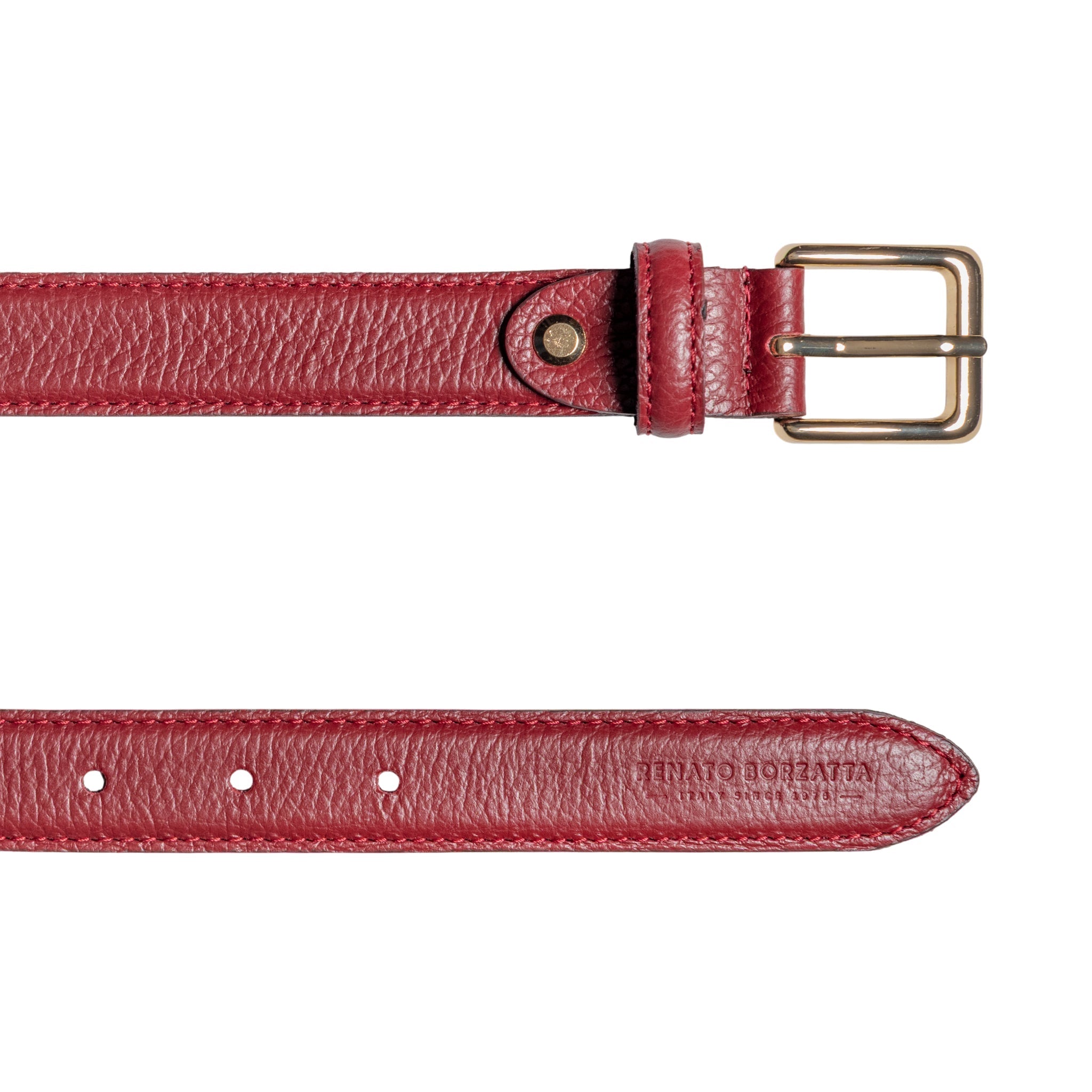 RB4022Q | Women's Belt Made in Italy in Genuine Dollar Grain Leather. Polished Gold-Finish Buckle. Ruby Color. Dimensions: 115 x 2.5 x 0.5 cm (waistline 100 cm) - NaimLeather