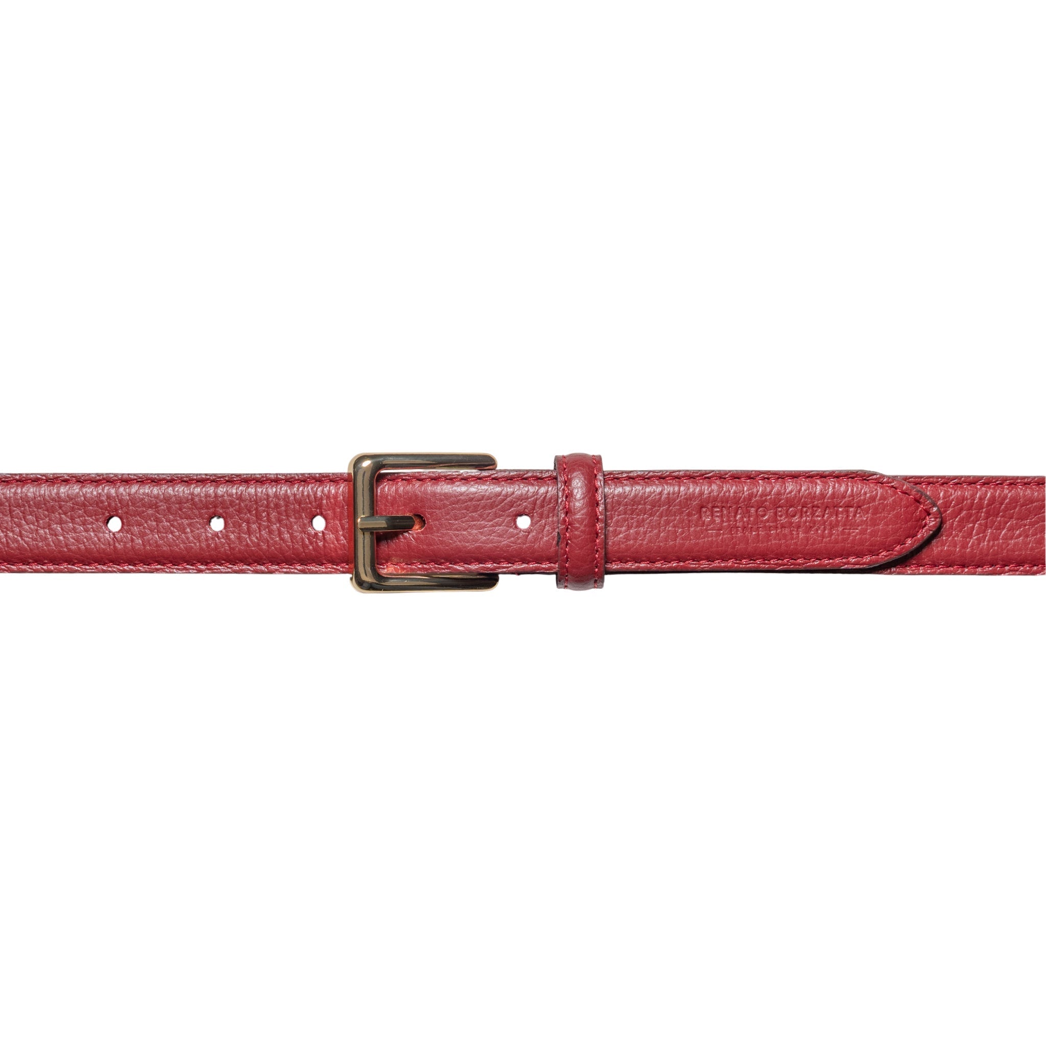 RB4022Q | Women's Belt Made in Italy in Genuine Dollar Grain Leather. Polished Gold-Finish Buckle. Ruby Color. Dimensions: 115 x 2.5 x 0.5 cm (waistline 100 cm) - NaimLeather