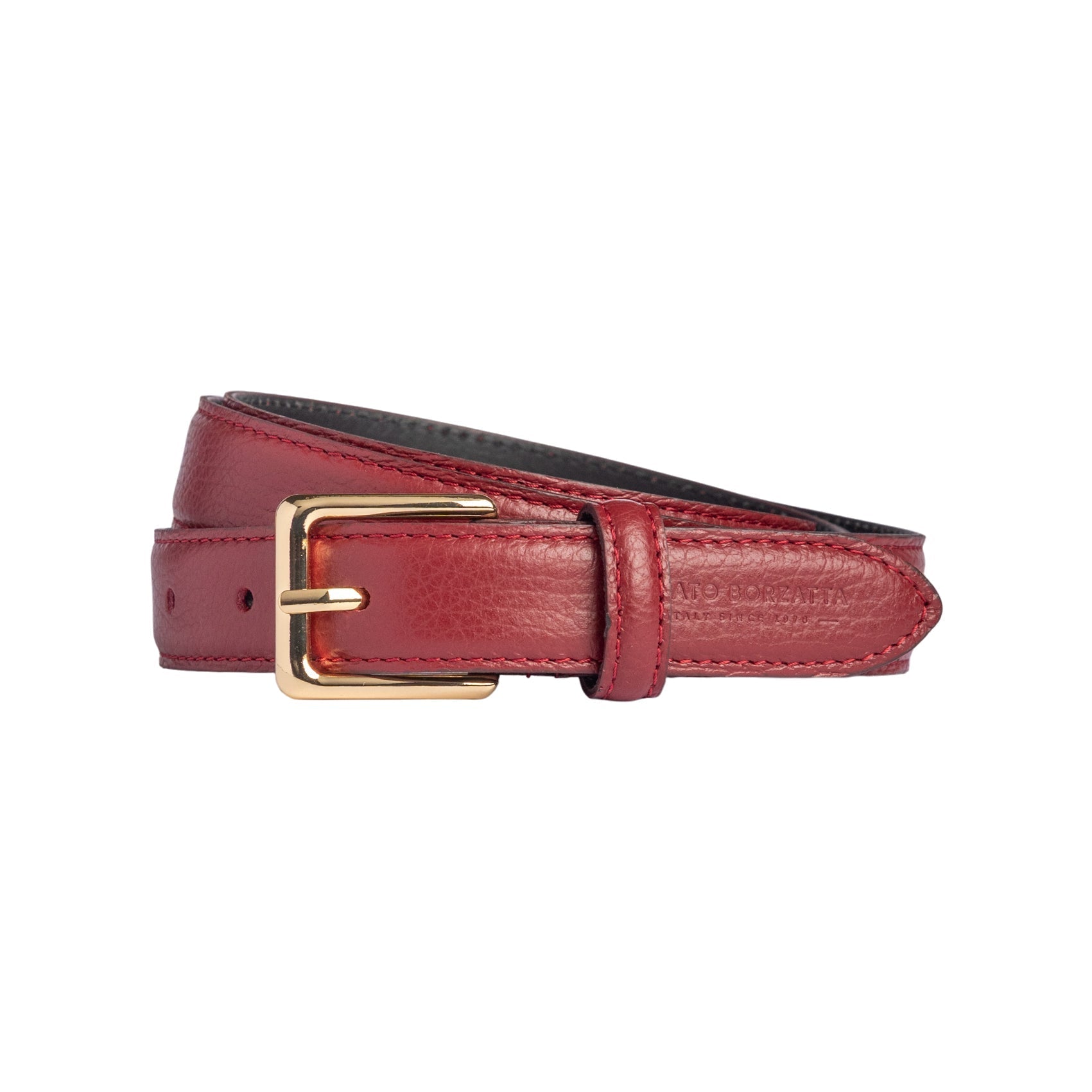 RB4022Q | Women's Belt Made in Italy in Genuine Dollar Grain Leather. Polished Gold-Finish Buckle. Ruby Color. Dimensions: 115 x 2.5 x 0.5 cm (waistline 100 cm) - NaimLeather