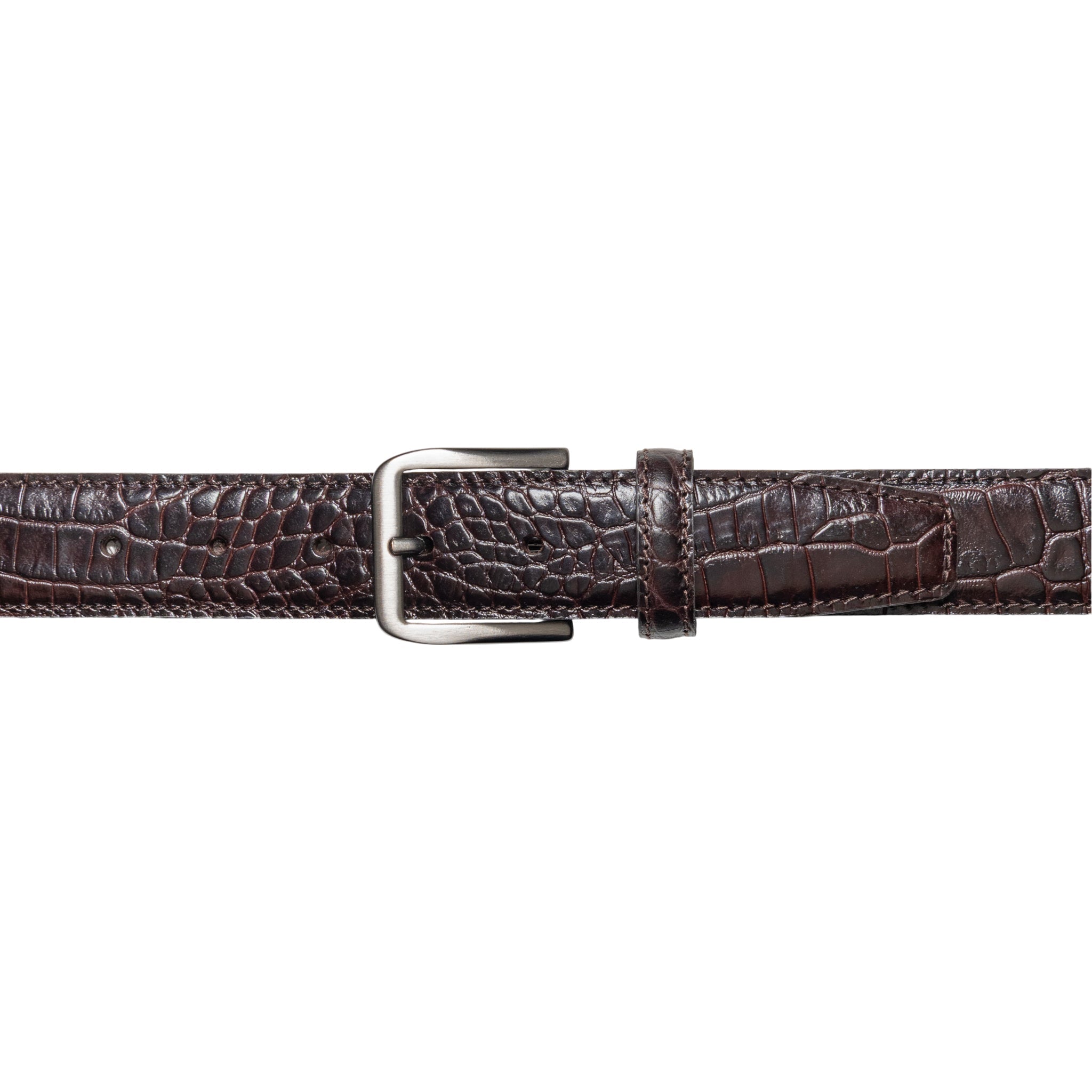 RB4024B | Men's Belt Made in Italy in Genuine Full-Grain Crocodile-Print Leather. Satin Gunmetal Buckle. Dark Brown Color. Dimensions: 125 x 3.5 x 0.5 cm (waistline 110 cm) - NaimLeather