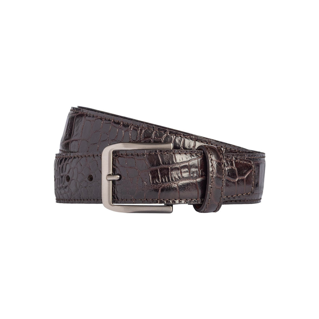 RB4024B | Men's Belt Made in Italy in Genuine Full-Grain Crocodile-Print Leather. Satin Gunmetal Buckle. Dark Brown Color. Dimensions: 125 x 3.5 x 0.5 cm (waistline 110 cm) - NaimLeather