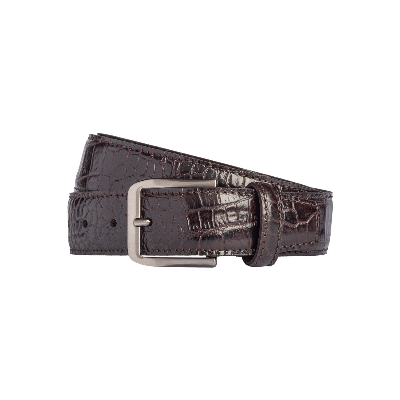 RB4024B | Men's Belt Made in Italy in Genuine Full-Grain Crocodile-Print Leather. Satin Gunmetal Buckle. Dark Brown Color. Dimensions: 125 x 3.5 x 0.5 cm (waistline 110 cm) - NaimLeather