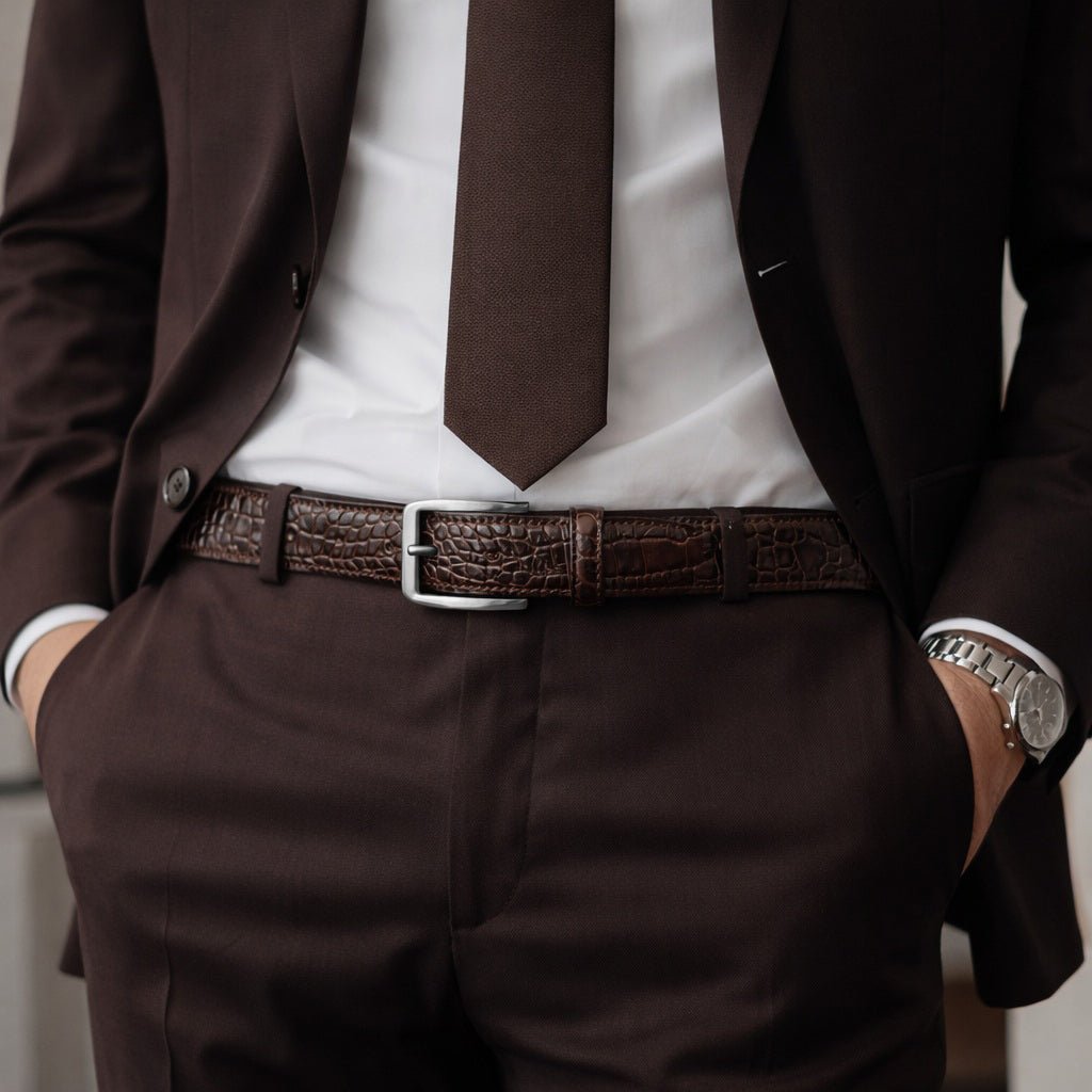 RB4024B | Men's Belt Made in Italy in Genuine Full-Grain Crocodile-Print Leather. Satin Gunmetal Buckle. Dark Brown Color. Dimensions: 125 x 3.5 x 0.5 cm (waistline 110 cm) - NaimLeather