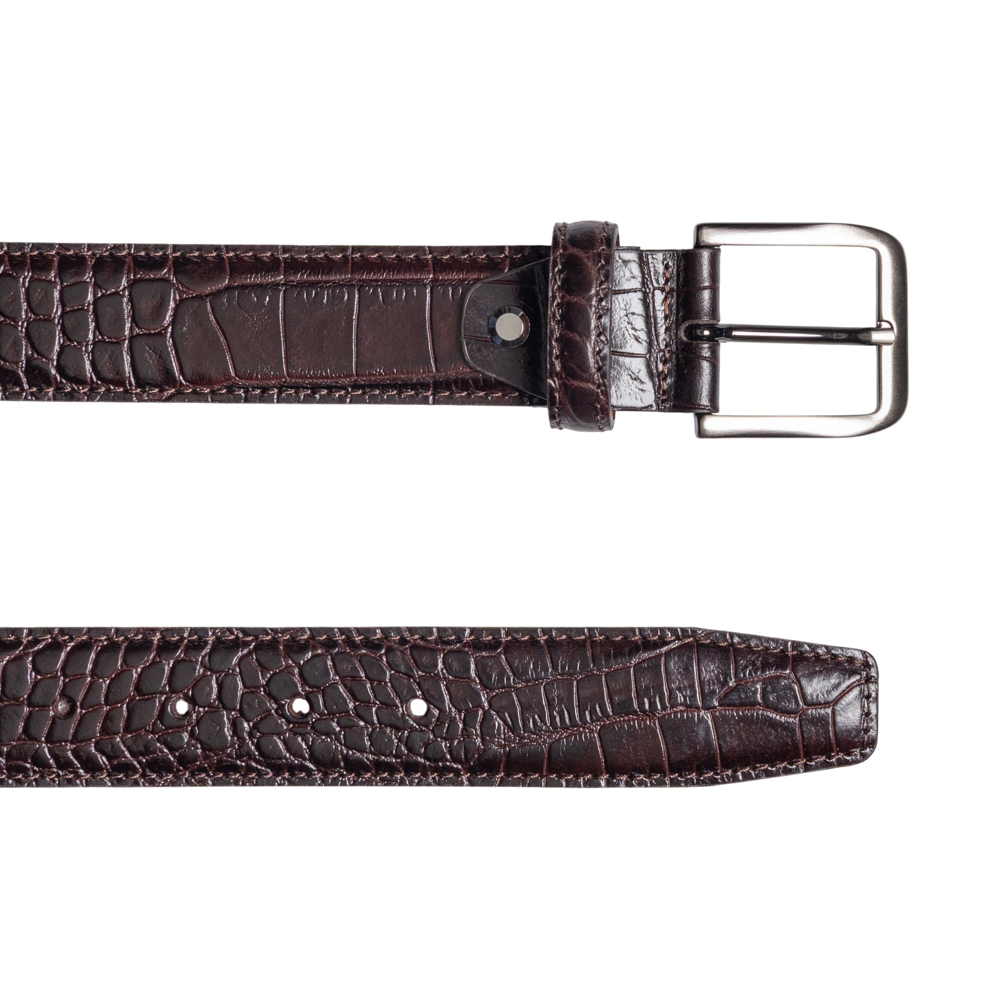 RB4024B | Men's Belt Made in Italy in Genuine Full-Grain Crocodile-Print Leather. Satin Gunmetal Buckle. Dark Brown Color. Dimensions: 125 x 3.5 x 0.5 cm (waistline 110 cm) - NaimLeather