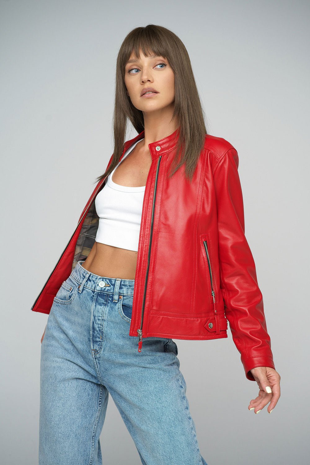Red Genuine Cropped Leather Jacket - NaimLeather