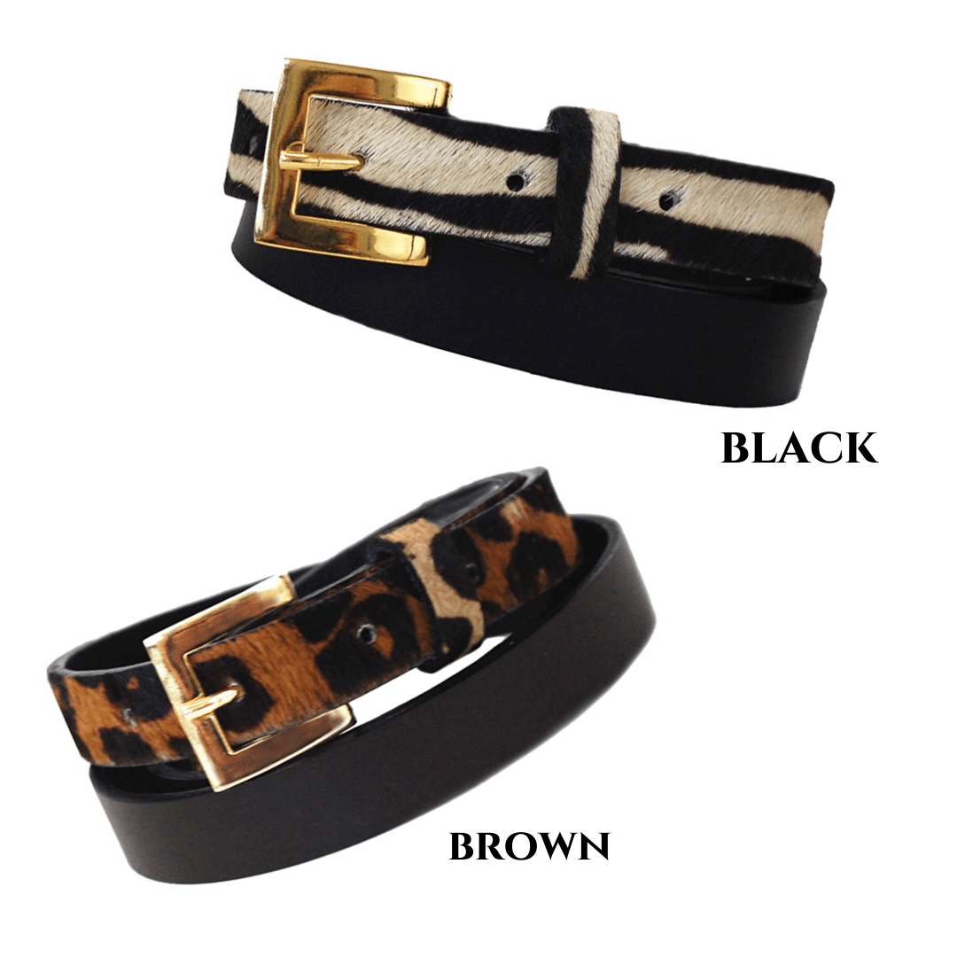 Sophia Genuine Leather & Cowhide Belt -Black - NaimLeather