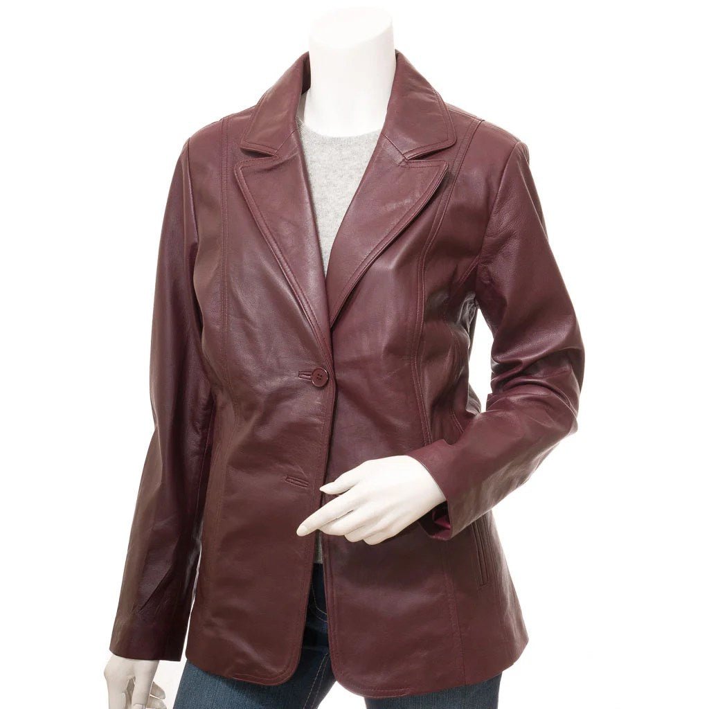 WOMEN CLASSIC BURGUNDY LEATHER BLAZER KATY - NaimLeather