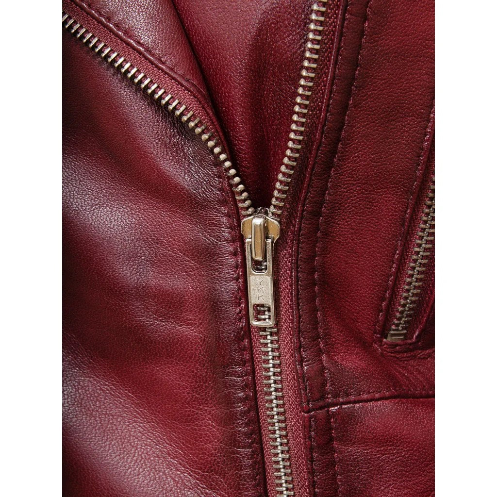 WOMENS BURGUNDY LEATHER BIKER JACKET COCOA - L