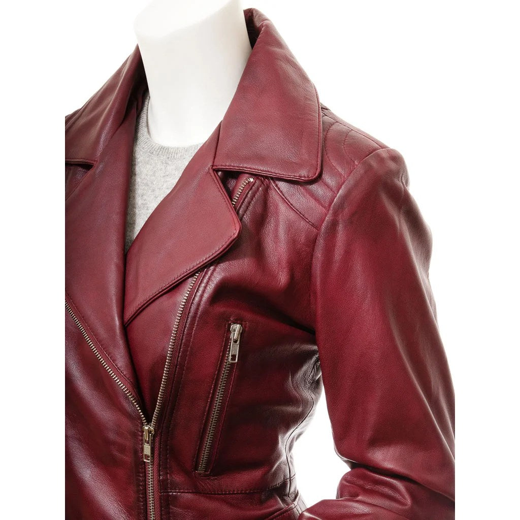 WOMENS BURGUNDY LEATHER BIKER JACKET COCOA - M