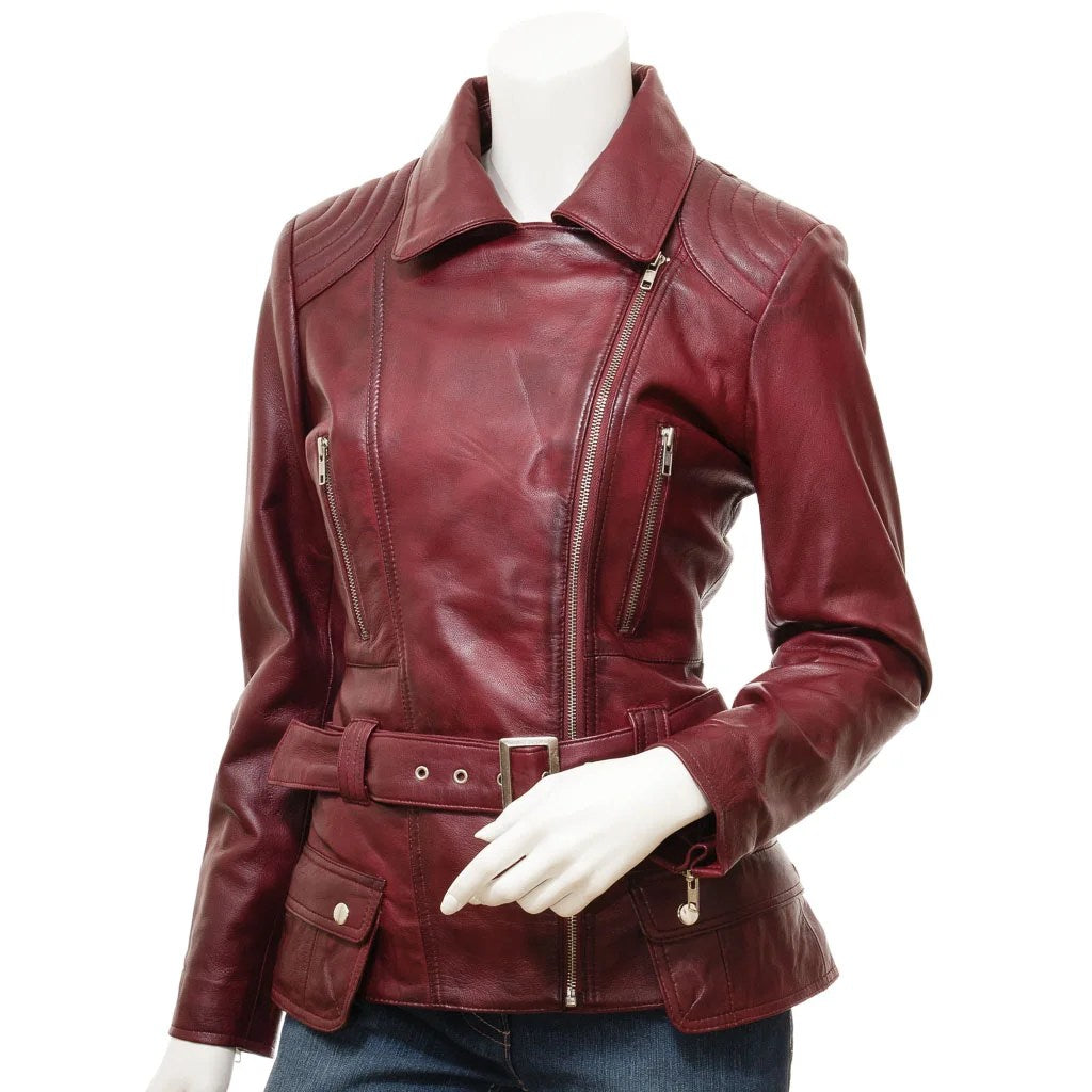 WOMENS BURGUNDY LEATHER BIKER JACKET COCOA - S