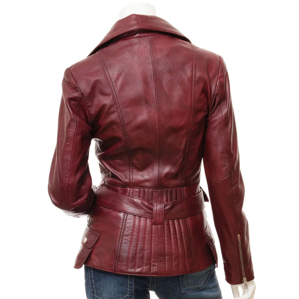 WOMENS BURGUNDY LEATHER BIKER JACKET COCOA - XL